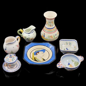 QUIMPER Faience Hand Painted French Pottery Set, 7 Pieces