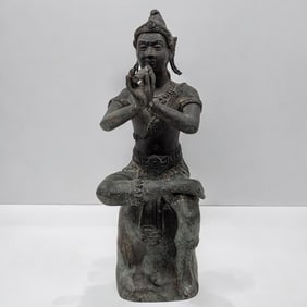 Southeast Asian Bronze "Krishna" With Flute Seated Figure