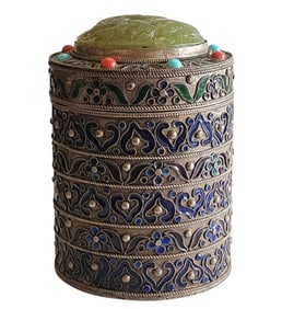 Antique Enamel On Silver Chinese Tea Caddy With Carved Jade Plaque