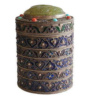 Antique Enamel On Silver Chinese Tea Caddy With Carved Jade Plaque: *RE-LISTED DUE TO BUYER FORFEITING THE ITEM*** **DUE TO THIS LOT BEING SILVER IT MUST BE PAID VIA BANK WIRE TRANSFER OR CERTIFIED CHECK.**Antique Enamel On Silver Chinese Tea Caddy With Carved Jade Pl