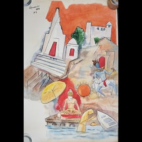 Maqbool Fida Husain Watercolor Painting Signed, Titled "Banaras Ghat", NO COA