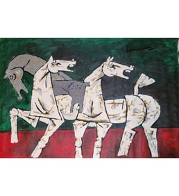 Maqbool Fida Husain Acrylic On Canvas Painting, Untitled With COA