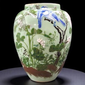Japanese Celadon Glaze Relief Vase, Birds Motif