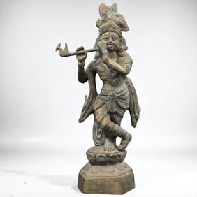 Large Indian Brass Sculpture Of The Hindu God Lord Krishna Playing A Flute