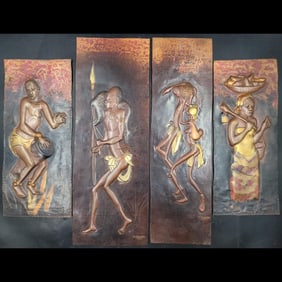 4Pc S.K. Bukasa Copper Vintage African Relief Sculptures