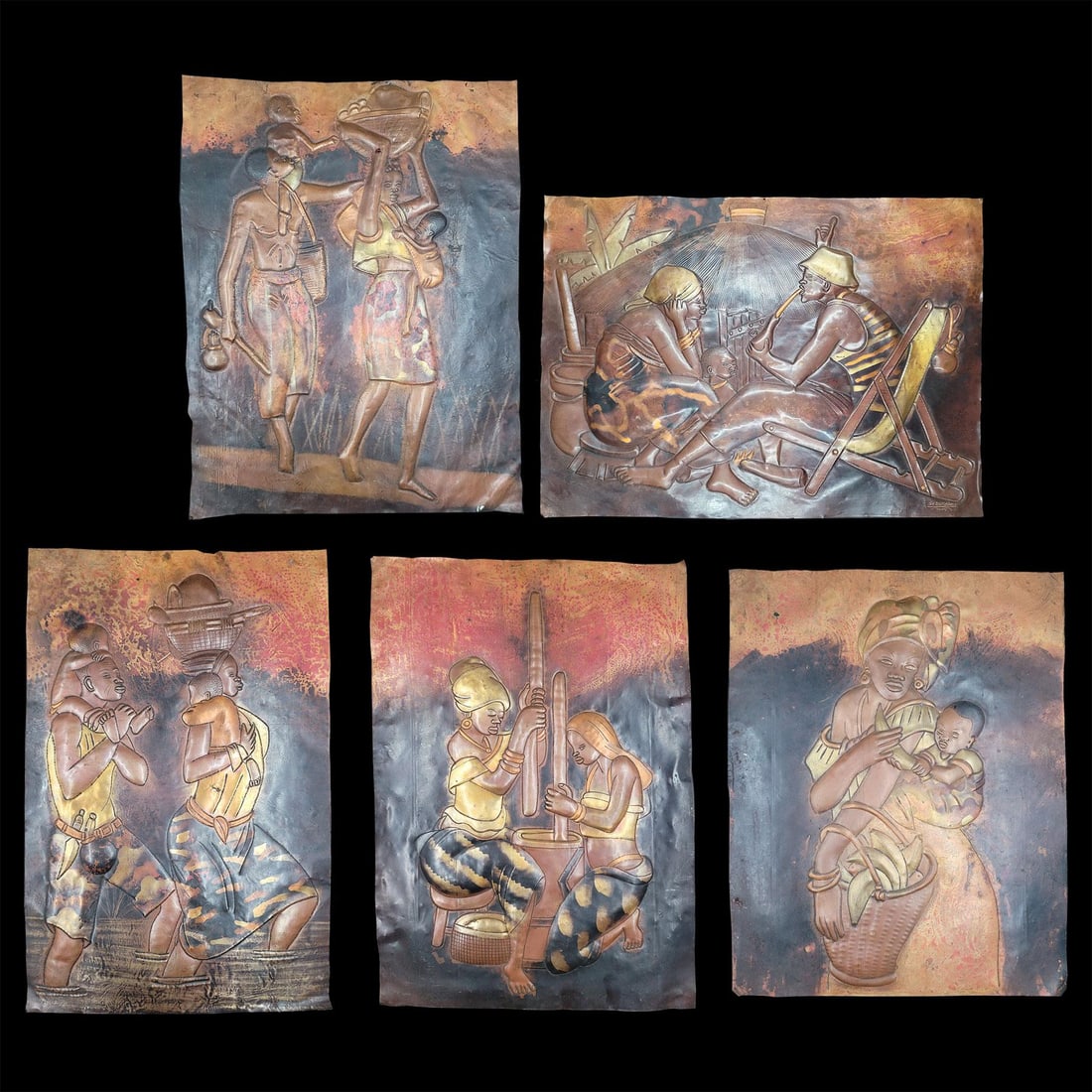 5Pc S.K. Bukasa Copper Vintage African Relief Sculptures (1 of 11)
