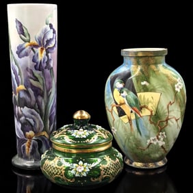 Pair Of Hand Painted Porcelain Vases And A Hand Painted / Gilt Green Glass Powder Jar