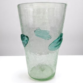 Vintage Blenko Hand Blown Crackle Glass Green Leaf Vase
