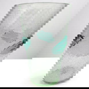 Vintage Blenko Hand Blown Crackle Glass Green Leaf Vase: Vintage Blenko Hand Blown Crackle Glass Green Leaf Vase. Measures approx. 10" X 6 1/2". Please copy and paste the URL link below to review our Terms and Conditions for bidding, payment, shi