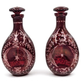 Pair Of Beautiful Vintage Cranberry Pinched Glass Decanters With Toppers