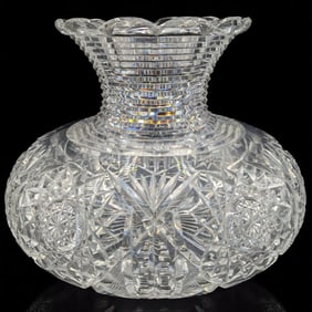 Large Vintage American Brilliant Period Cut Glass Squat Form Flower Vase