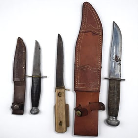 Lot Of 3 Vintage Knives And Leather Sheaths