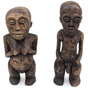 Pair Of African Hemba Fertility Couple Carved Wood Figures, Male And Female
