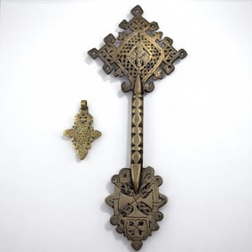 An Old Brass Ethiopian Coptic Hand Cross And Pendant