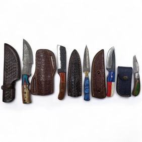 5Pc Hand Made Damascus Steel Knives And Sheaths