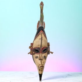Large African Guro Tribe Mask With A White Face And Bird On Top Of The Head, From The Ivory Coast