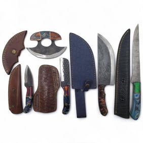 5Pc Hand Made Damascus Steel Knives And Sheaths