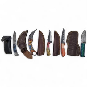 5Pc Hand Made Damascus Steel Knives And Sheaths