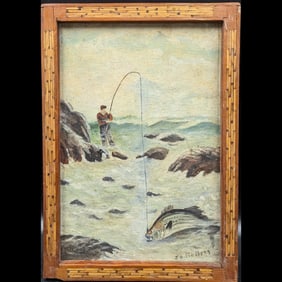 Vintage Signed Jo Lindberg Oil On Board Fishing Painting