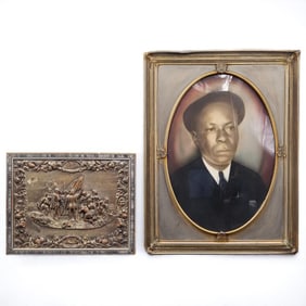 A Pair Of Antique Artworks: Hammered Copper Spanish Conquistadors & Portrait Drawing