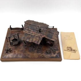 Large Texas Artist T.J. Nichols Copper Sculpture Of A Ranch House