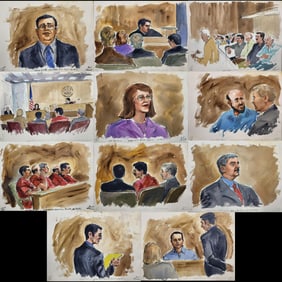 Set Of 11 Watercolor Courtroom Scene Paintings By Barbara Maxwell, Jesse Maali Hearing