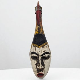 Large African Guro Tribe Mask With A White Face And Bird On Top Of The Head, From The Ivory Coast