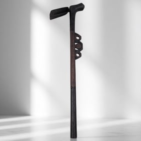 An Antique African Ceremonial Iron Adze With A Carved Wood Face On The Handle
