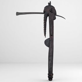 An Antique African Ceremonial Iron Adze Depicting A Crowned Man With Incised Fish On Each Side