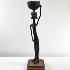 Unique African Dogon? Cast Bronze Sculpture Of A Woman With A Ringed Elongated Neck And Bowl