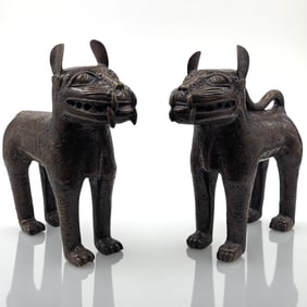 Pair Of Antique African Nigerian Benin Bronze Leopard Reproduction Sculptures