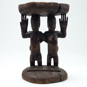 African Hemba Tribe Wood Carved Caryatid Stool Depicting Male & Female