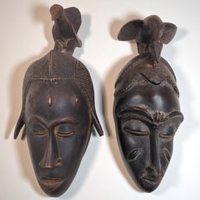 Pair Of Wood Carved African Baule Or Guro Masks With Bird