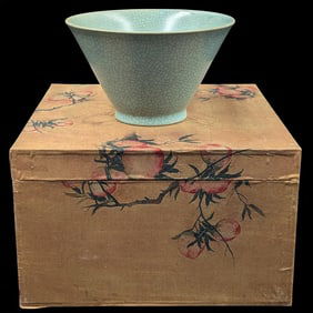 Chinese Celadon Crackle Flaring Bowl With Calligraphy And Decorative Box