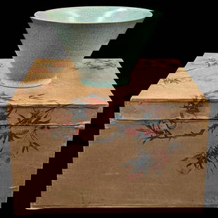 Chinese Celadon Crackle Flaring Bowl With Calligraphy And Decorative Box: Chinese Celadon Crackle Flaring Bowl With Calligraphy And Decorative Box. Box measures approx. 6 1/2" X 10 1/4" X 10 1/4". Please copy and paste the URL link below to review our Terms and