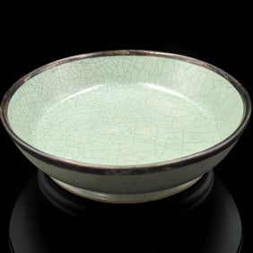 Chinese Celadon Ru Kiln Ceramic Brush Washer With Bronze Rim And Calligraphy