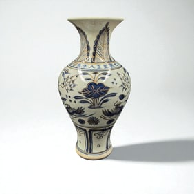 Large Chinese Blue And White Scenic Vase With Calligraphy And Gilt Detailing