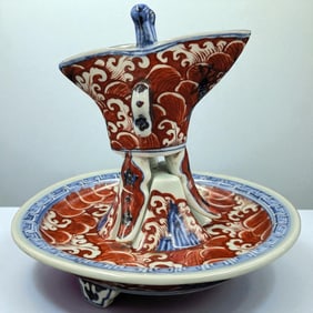 Chinese Ming Style Blue, Red, And White Dragon Porcelain Wine Cup And Holder w/ Six Character Mark