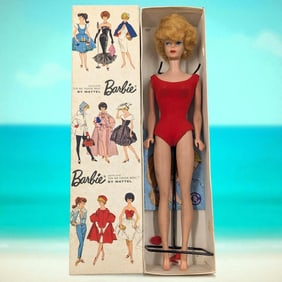 Vintage 1962 Mattel Ash Blonde Bubble Cut Barbie Doll, No. 850, In Original Box With Stand