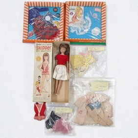 Vintage 1960s Mattel Brunette Skipper Barbie Doll In Original Box With Five Additional Outfits