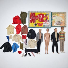 Lot Of 4 Vintage Mattel Ken And Allen Barbie Dolls With Assorted Outfits, 1960s