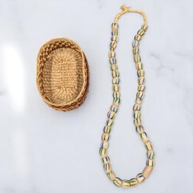 Antique African Krobo Trade Beads Necklace In A Woven Basket, 47 Beads Total