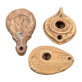 Lot Of 3 Terra Cotta Byzantine Style Oil Lamps, Two Likely Authentic, One Is A Reproduction