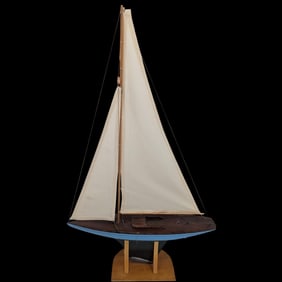 Large Vintage Solid One Piece Jacrim Seaworthy Pond Yacht Model On Wooden Stand