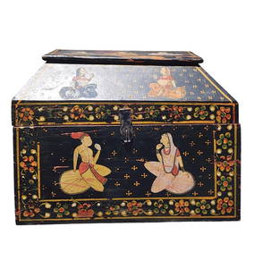 Antique Polychromed Painted Anglo Indian Box / Small Trunk 19th C: Antique Polychromed Painted Anglo Indian Box / Small Trunk 19th C. Measure 12 1/4" X 15 3/4" X 9.5". Provenance: Single Private Estate Florida. Please copy and paste the URL link below to r