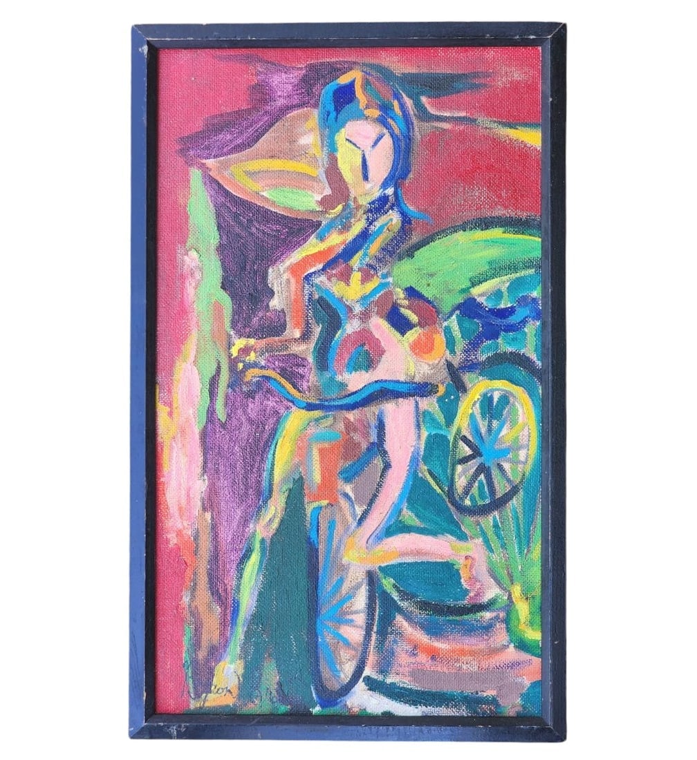 New York American-Byron (George Byron) Browne 1907-1961 O/B Painting Woman With Bicycle: New York American-Byron (George Byron) Browne 1907-1961 O/B Painting Woman With Bicycle Signed Lower Left. Frame Measure 22" X 13 3/8", Sight 20.5" X 11 3/4". Provenance: Single Private Estate Florida