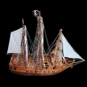 Very Large Hand Constructed Pirate Ship Model, "Lady Godiva", And "Treasure" Chest, Incredible Piece