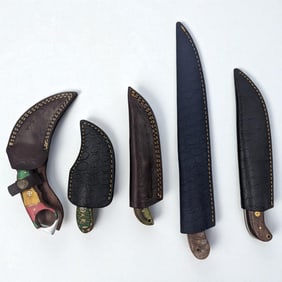 5Pc Hand Made Damascus Steel Knives And Sheaths