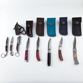 8Pc Hand Made Damascus Steel Pocket / Keychain Knives And Sheaths