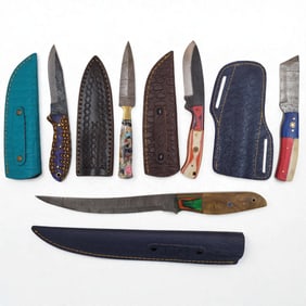 5Pc Hand Made Damascus Steel Knives And Sheaths